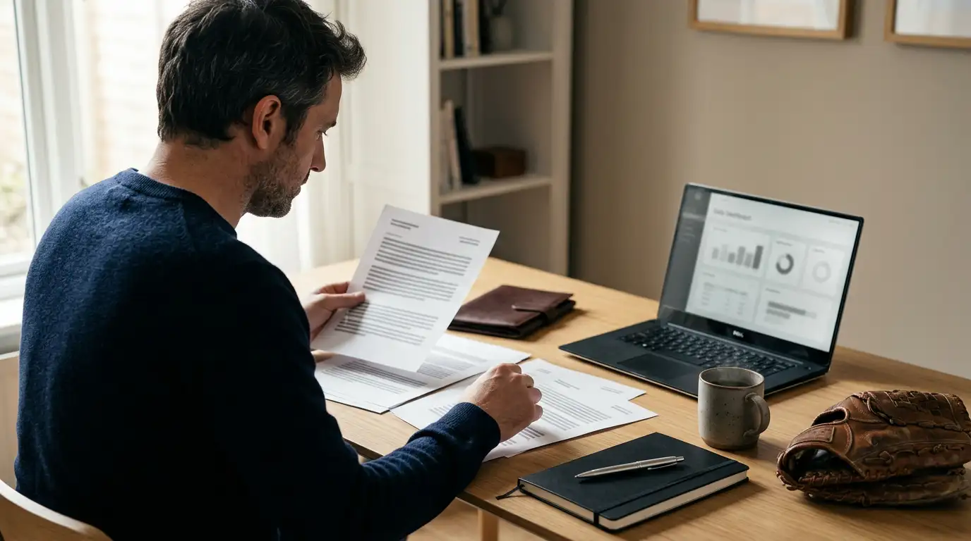 A UK bettor reviewing a printed bank statement and source-of-funds documents at a desk, baseball memorabilia visible — illustrating AML record-keeping and currency-drift risk on a pending MLB wager
