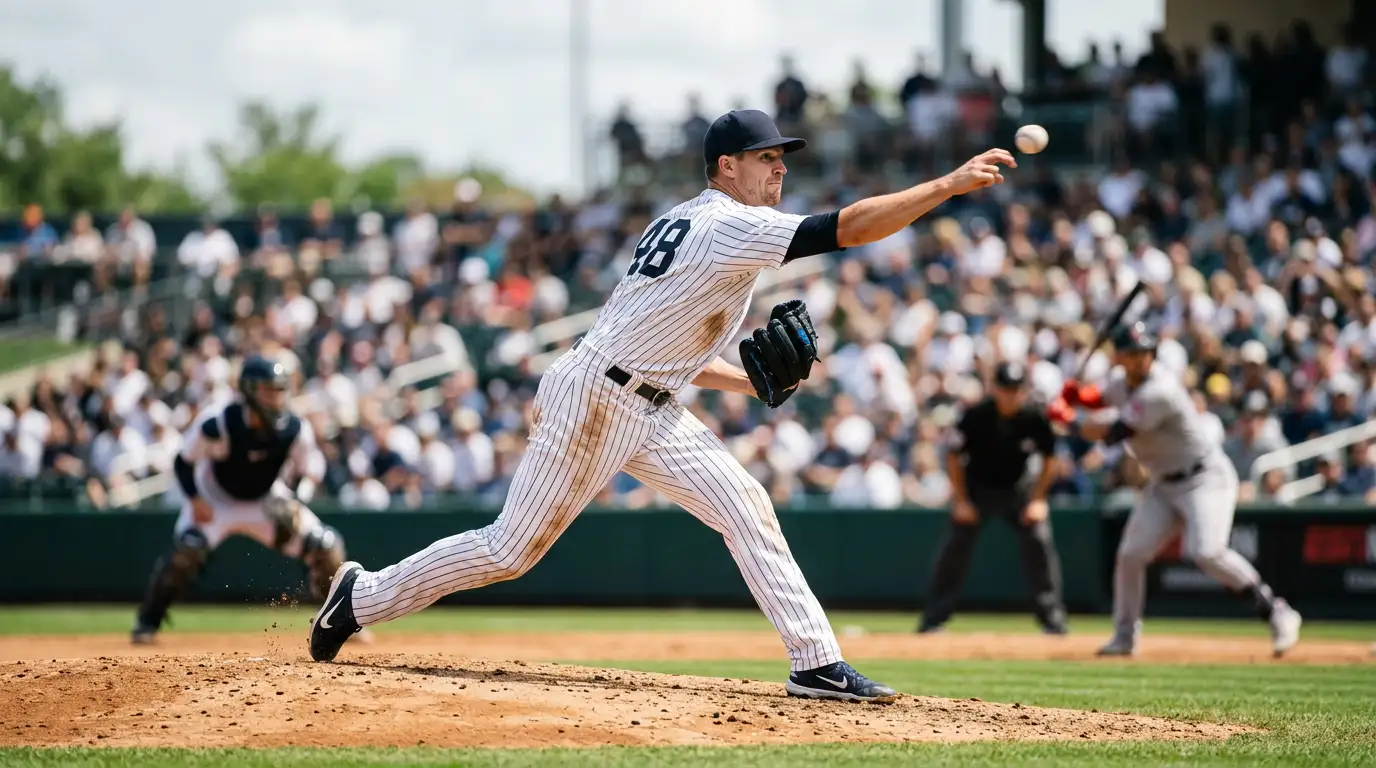 Pitcher unloads a fastball during a regular-season MLB strikeout at-bat