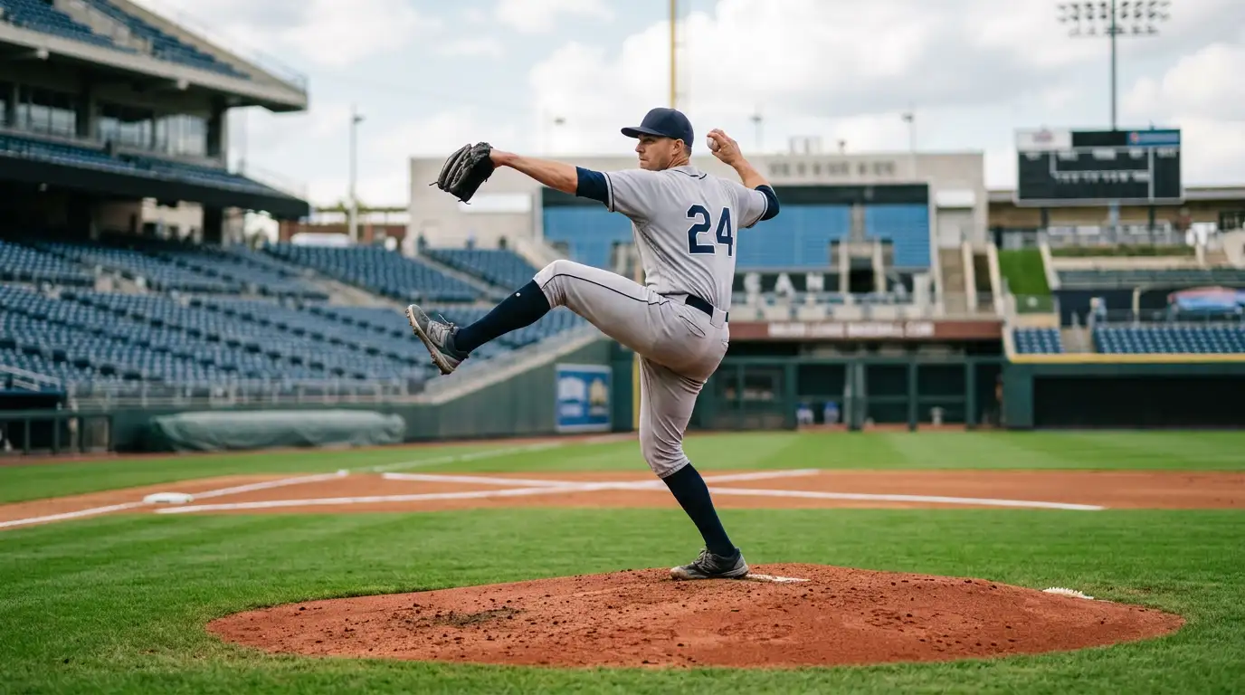 Baseball pitcher mid-windup on a sunlit MLB diamond with the stadium softly blurred behind